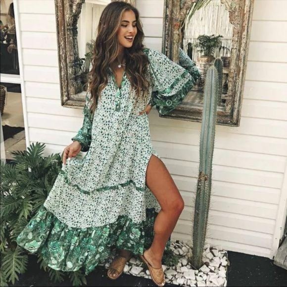 Dresses & Skirts - Boho Floral Teal Maxi Gypsy Long Sleeve Dress